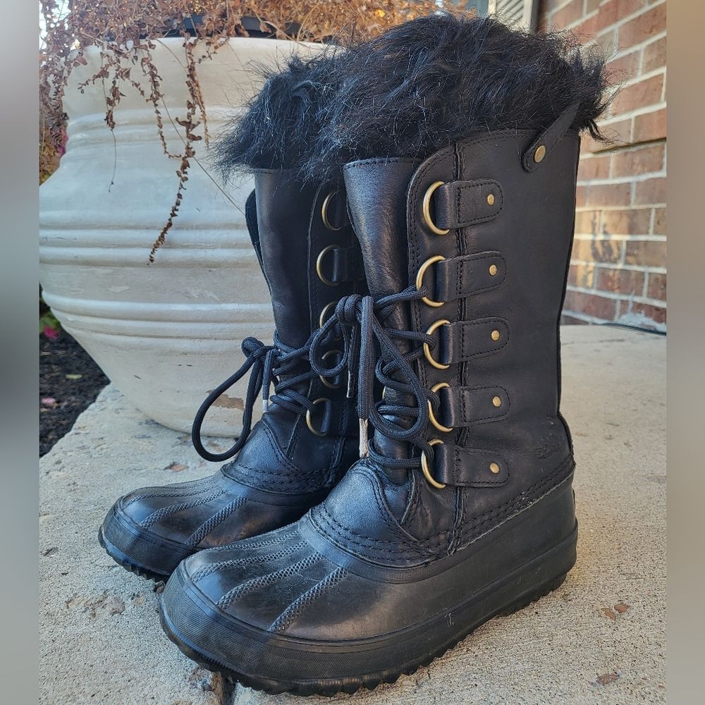 Sorel Women's Joan Of Arctic Black Leather Fur US 7 Waterproof Insulated Snow